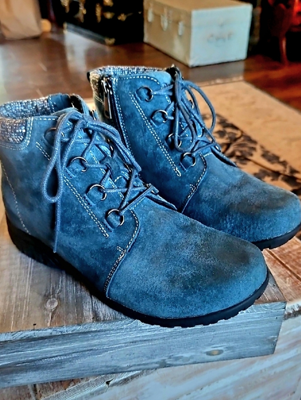 Propet Blue Suede Lace-Up Ankle Booties